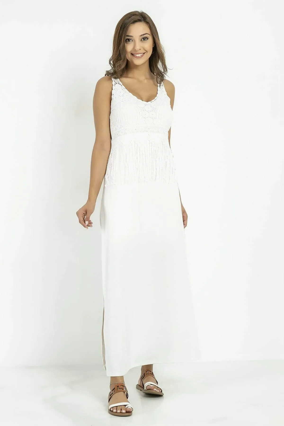 13156 Ecru Lace Tussel Detail Dress