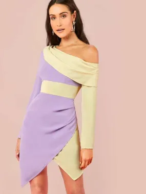 Asymmetrical Neck Ruched Detail Wrap Hem Two Tone Dress