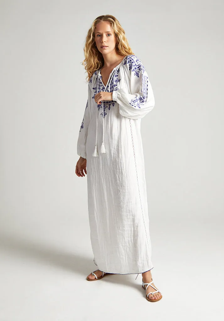 Aurelia Kaftan Style Embroidered Maxi Dress In White
