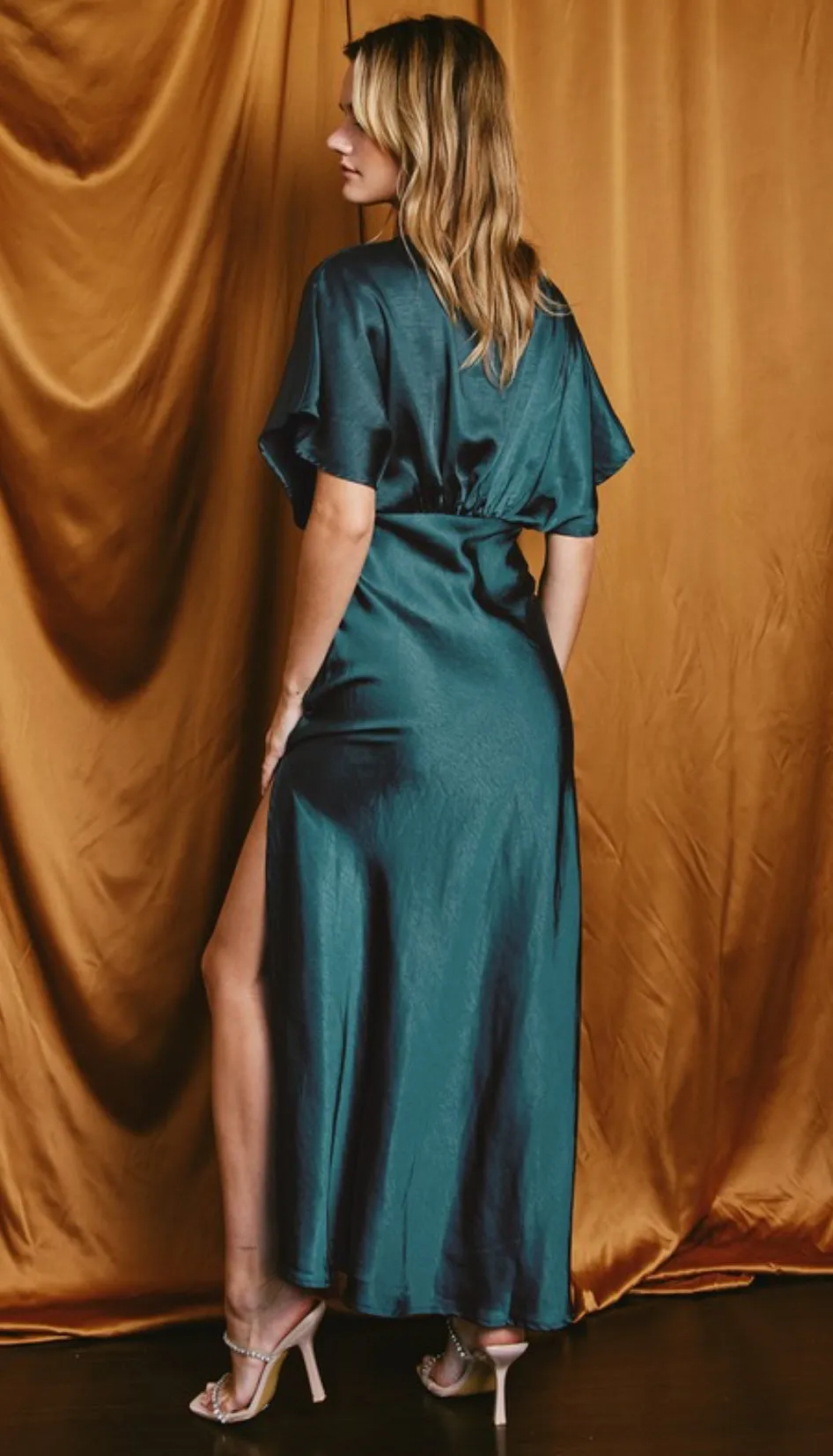 Beatrice Bat Wing Sleeve Satin Dress in Deep Jasper