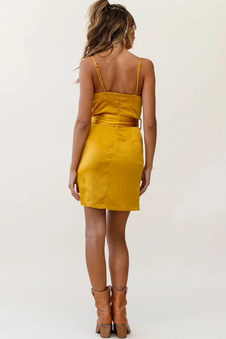 Bebe Satin Cowl Neck Wrap Dress Mustard