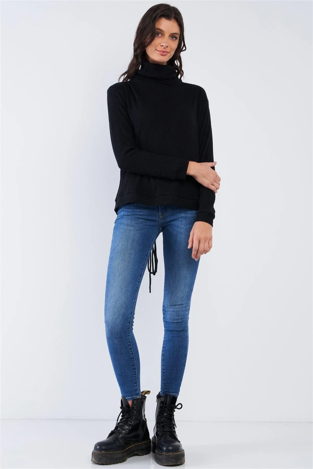 Black Long Sleeve Cut Out Lace Up Tie Back Detail Turtleneck Top /2-4