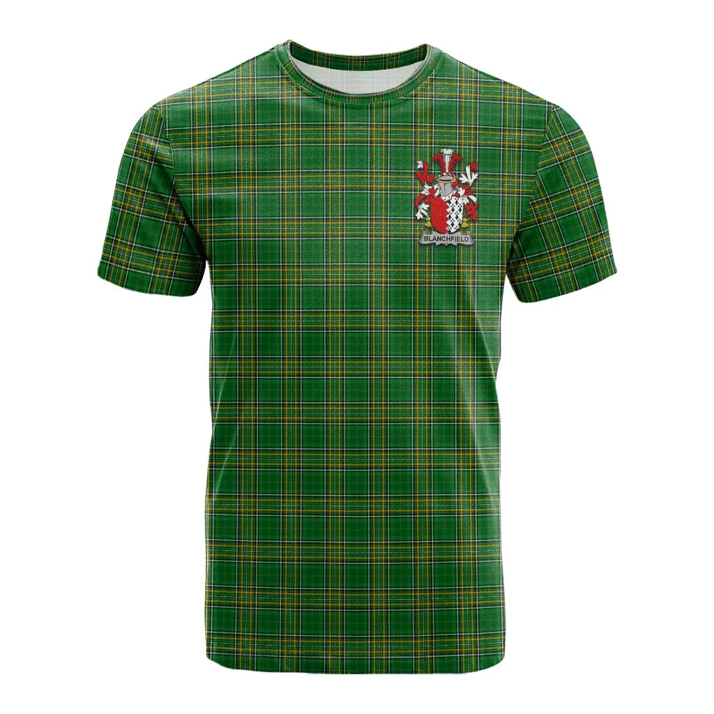 Blanchfield Irish Clan Tartan Cotton T-shirt with Coat of Arms