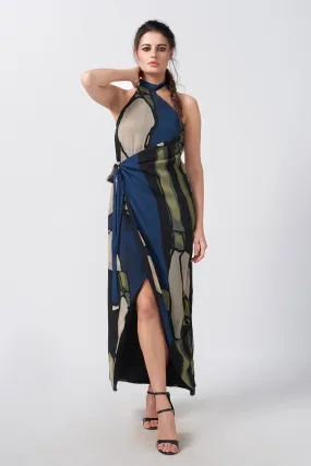 Blue Printed Wrap Long Dress