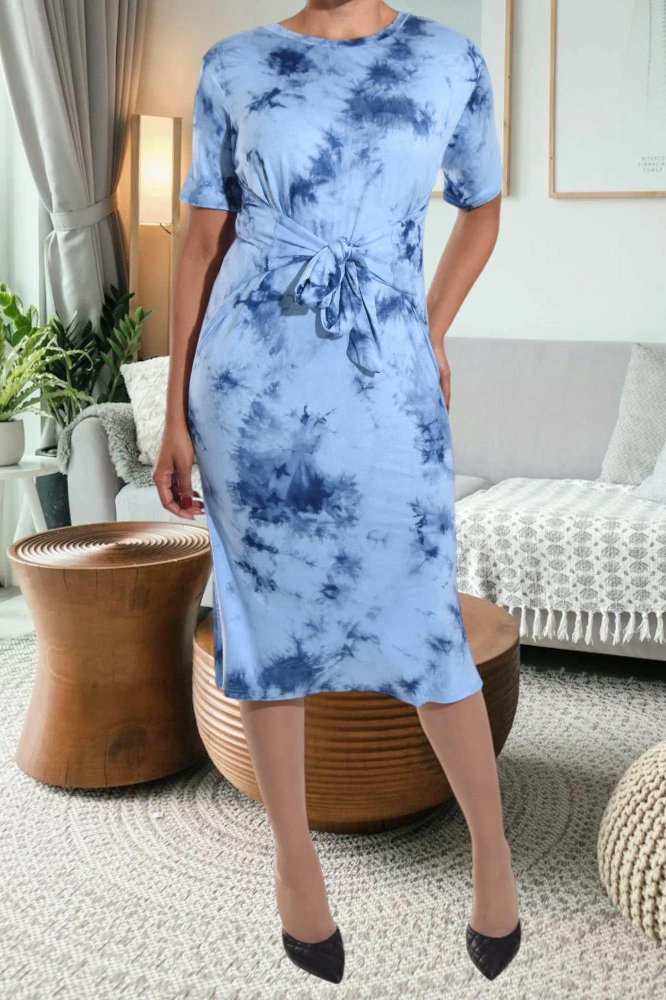 Blue Tye Dye Tie Front Dress