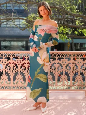 By Nicola Paloma off Shoulder Mesh Maxi Dress in Pine Green