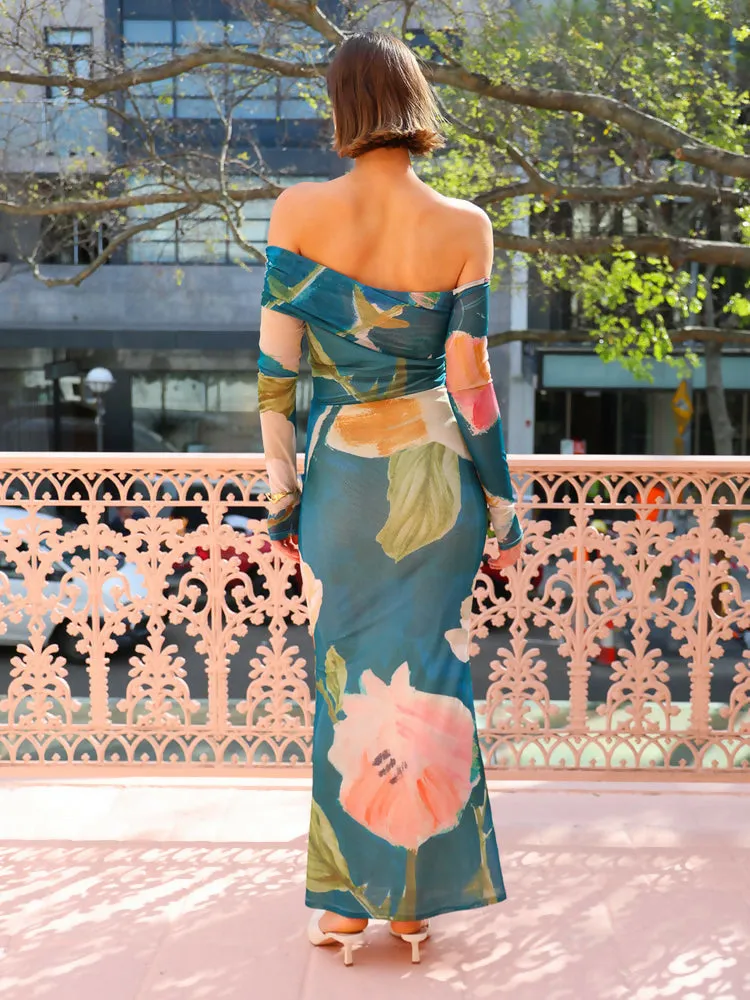 By Nicola Paloma off Shoulder Mesh Maxi Dress in Pine Green