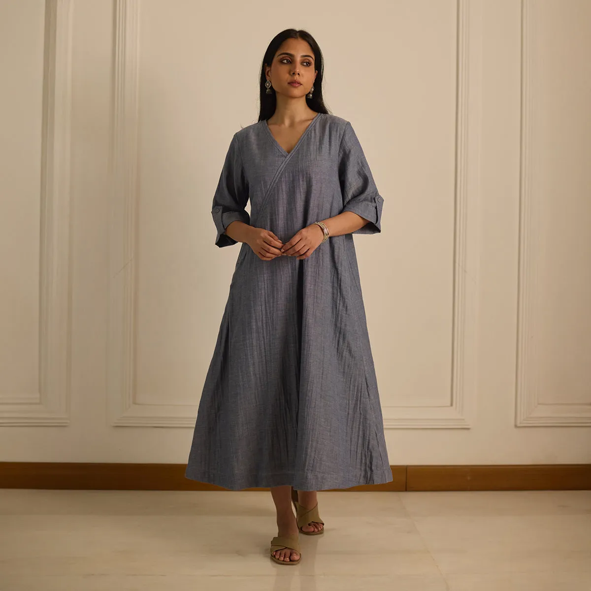 Cotton Blue Dress for Women | V-Neck