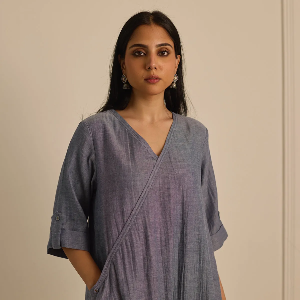 Cotton Blue Dress for Women | V-Neck