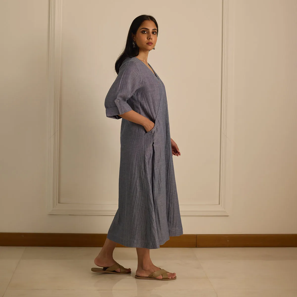 Cotton Blue Dress for Women | V-Neck
