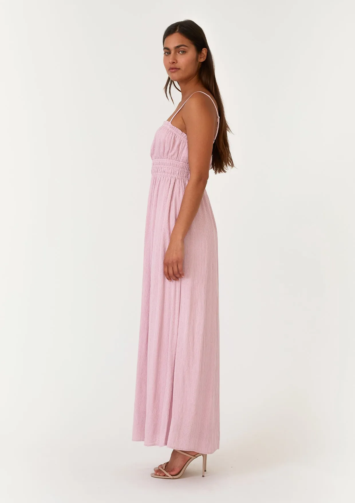 Crinkle Metallic Stripe Sleeveless Maxi Dress