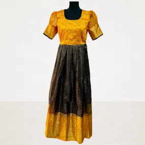 Designer Mustard Yellow & Black Banarasi Organza Long Gown Dress
