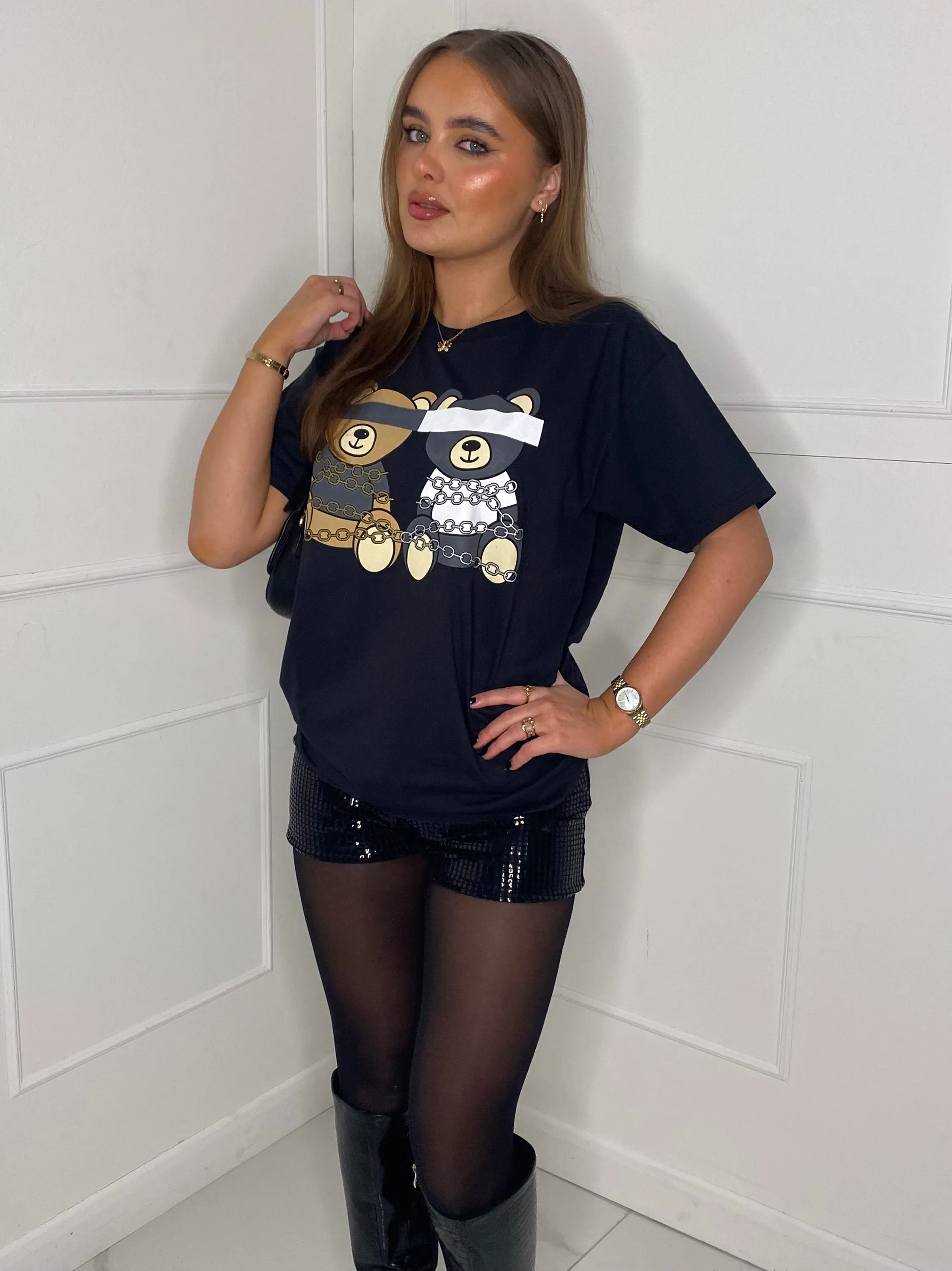Double Teddy Chain Print T-Shirt - Black