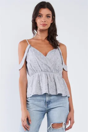 Dusty Blue Floral Crochet Front Wrap V-Neck Adjustable Strap Off-The-Shoulder Detail Top /1-2-2-1