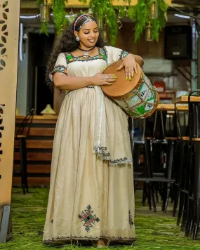 Elegant Cream Ethiopian Traditional Dress Cultural Habesha Dress for Ashenda