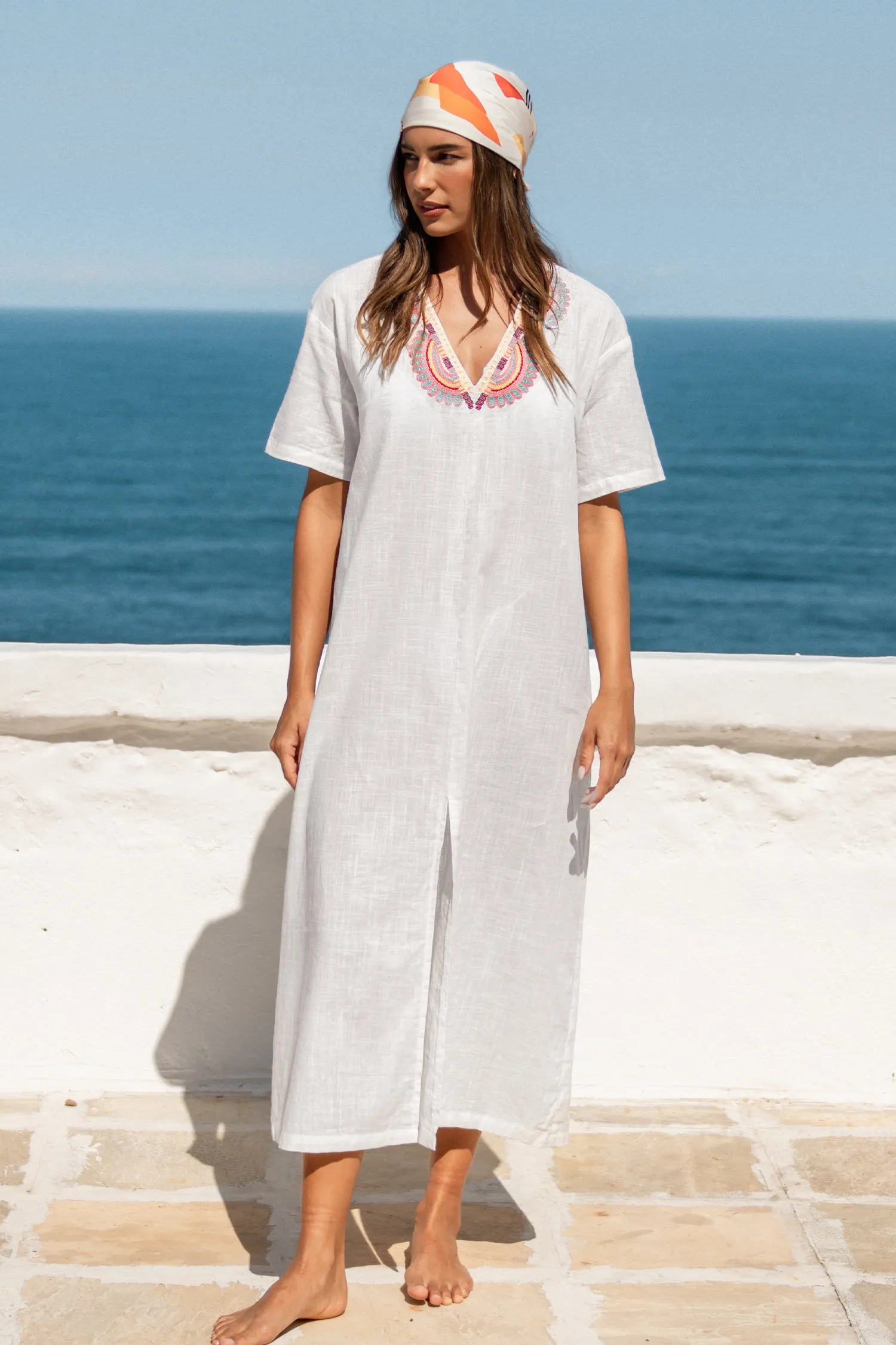 Embroidered V-Neck Slit Maxi Cover-Up Dress