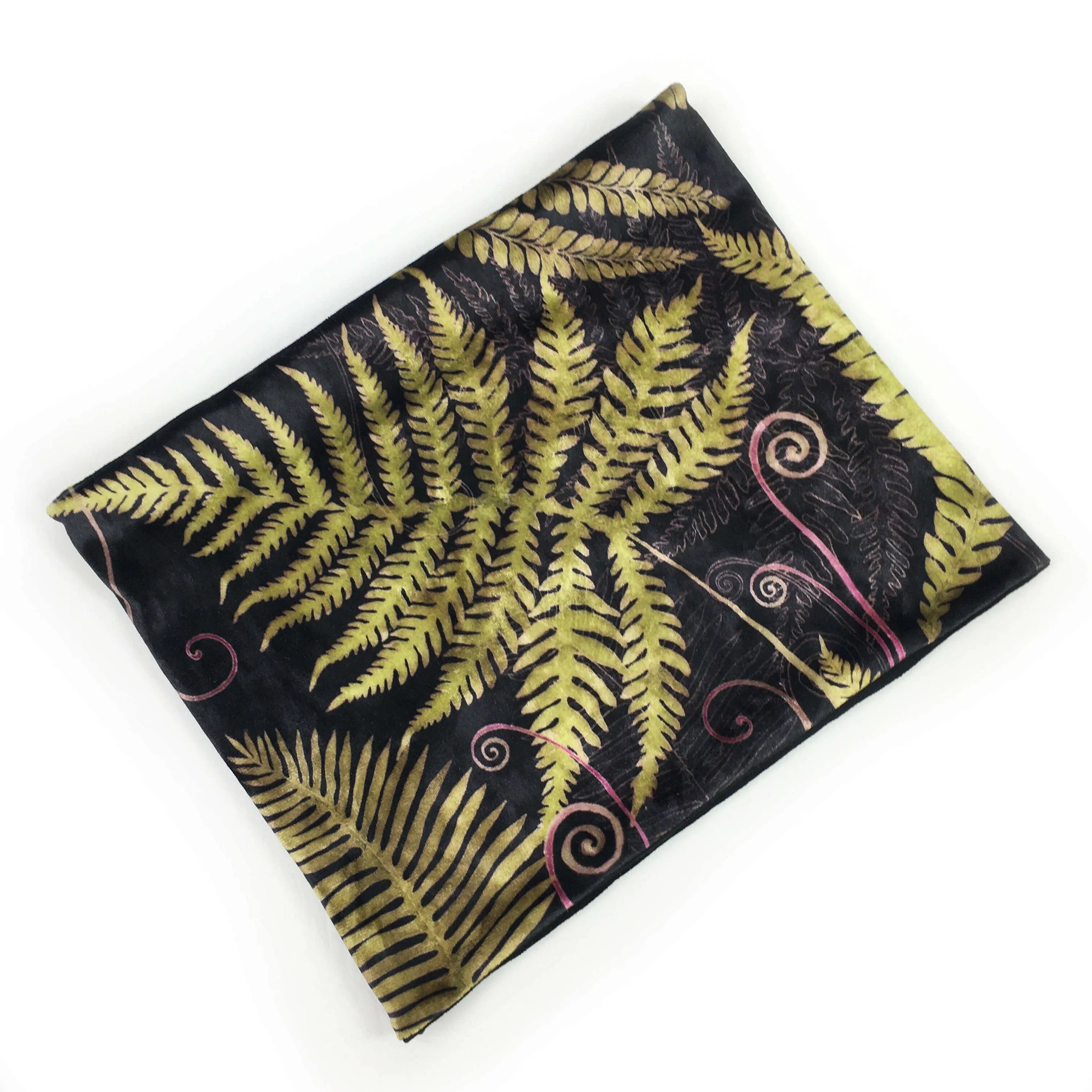 Ferns & Fiddleheads, Versatile Scarf, Headband, HatBand, Neck Warmer, Ladies Scarf, Velour Scarf, Designer Gaiter, Handpainted and printed