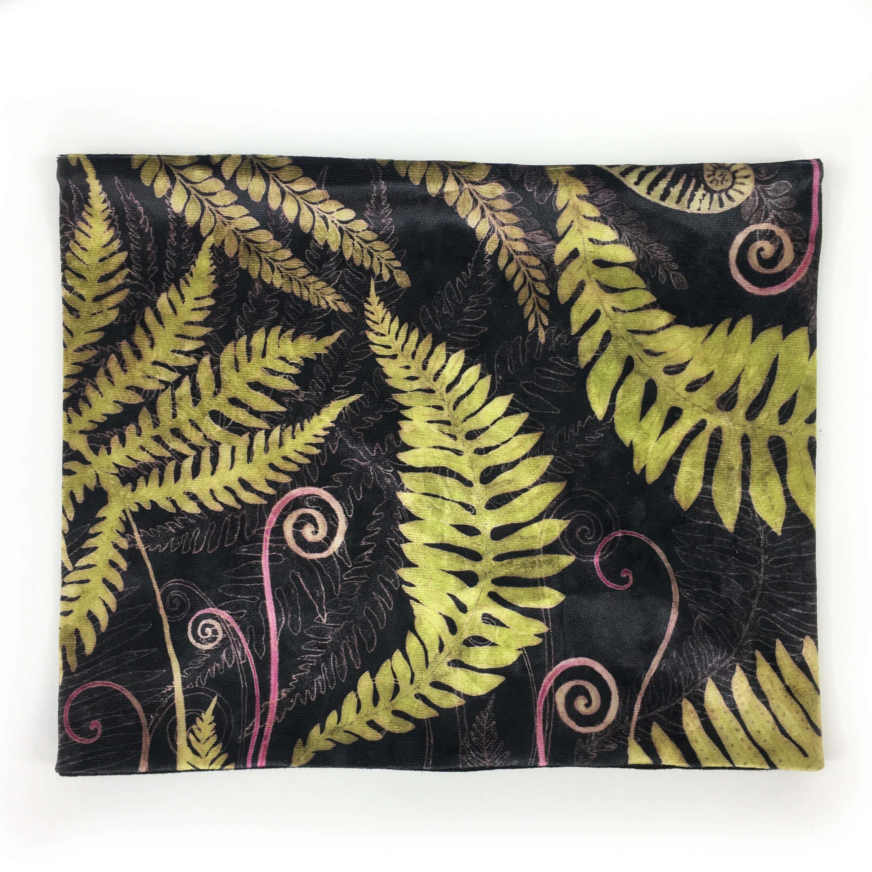 Ferns & Fiddleheads, Versatile Scarf, Headband, HatBand, Neck Warmer, Ladies Scarf, Velour Scarf, Designer Gaiter, Handpainted and printed