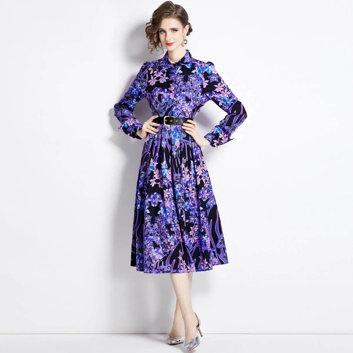 Flared A-Line Printed Dress Shirt for Women