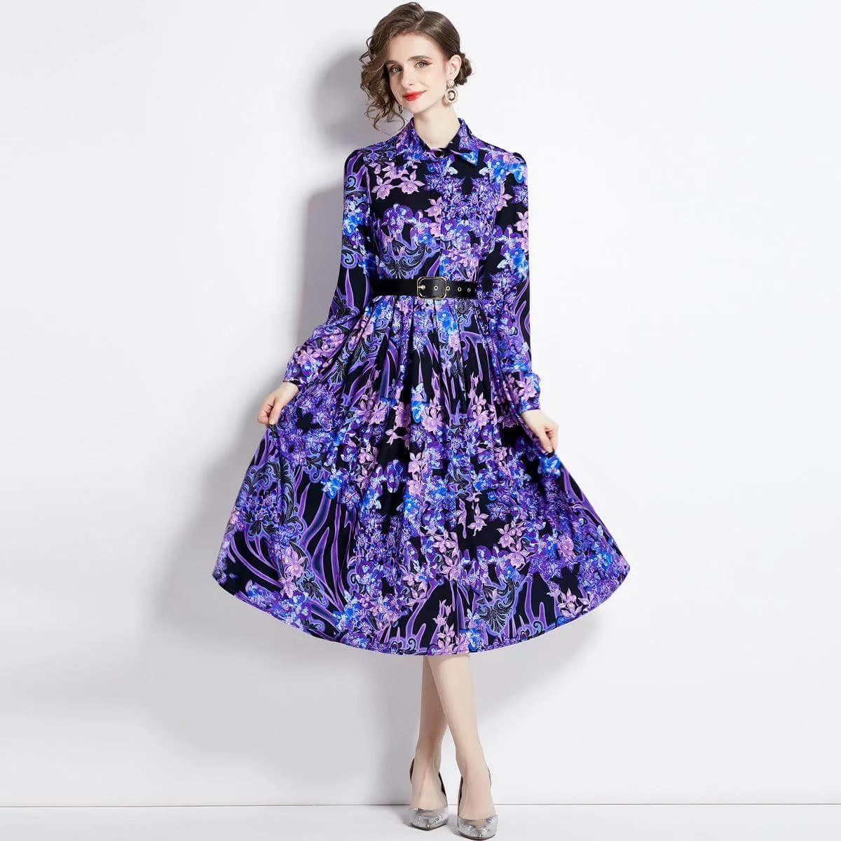 Flared A-Line Printed Dress Shirt for Women