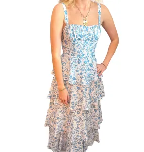 Floral Elegance: Blue & White Tiered Maxi Dress