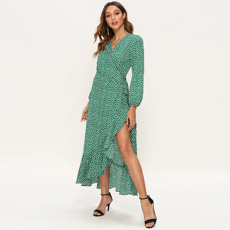 Floral Print Long Sleeve Ruffle Wrap Slit Maxi Dress