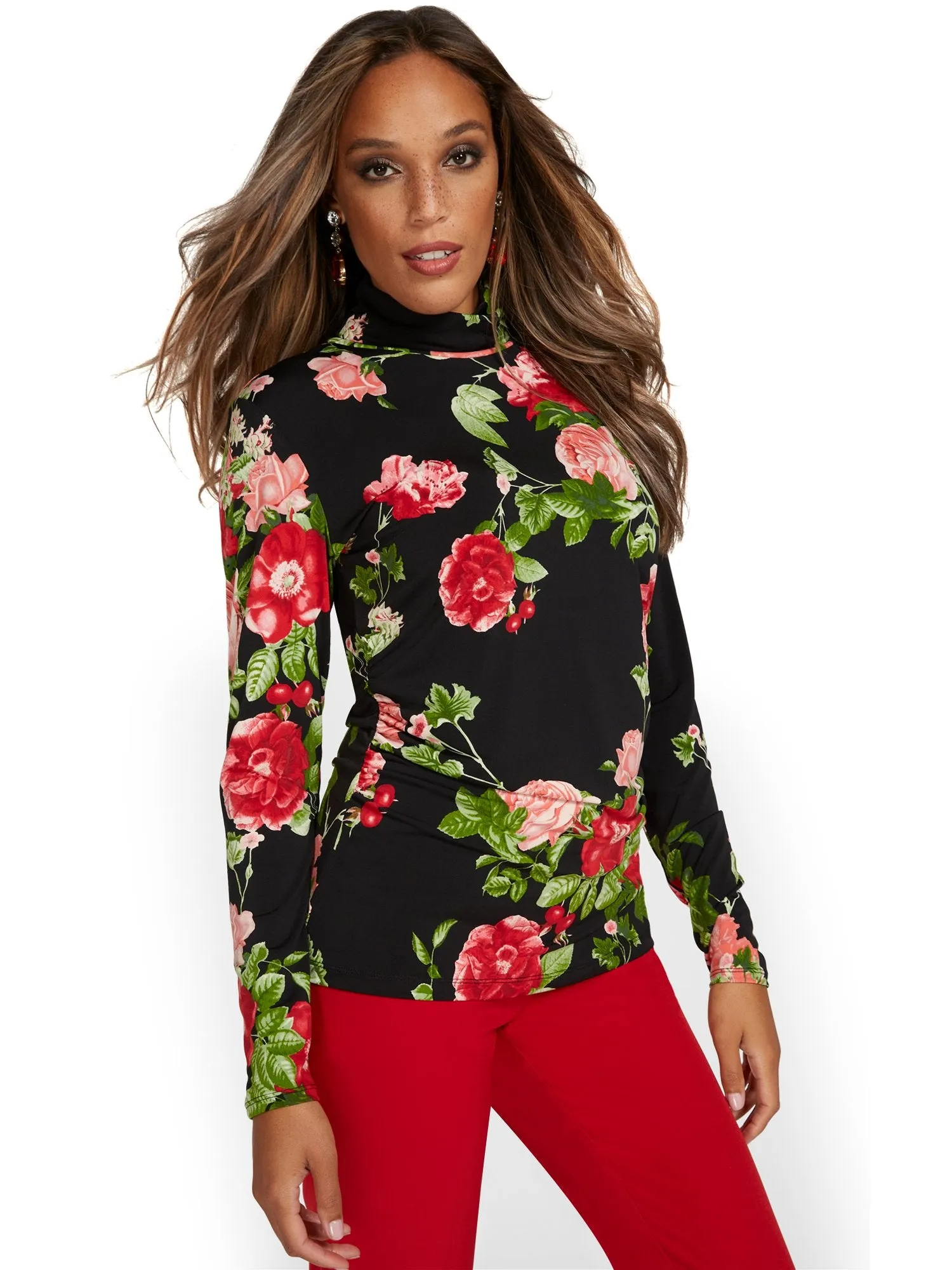 Floral-Print Turtleneck Top