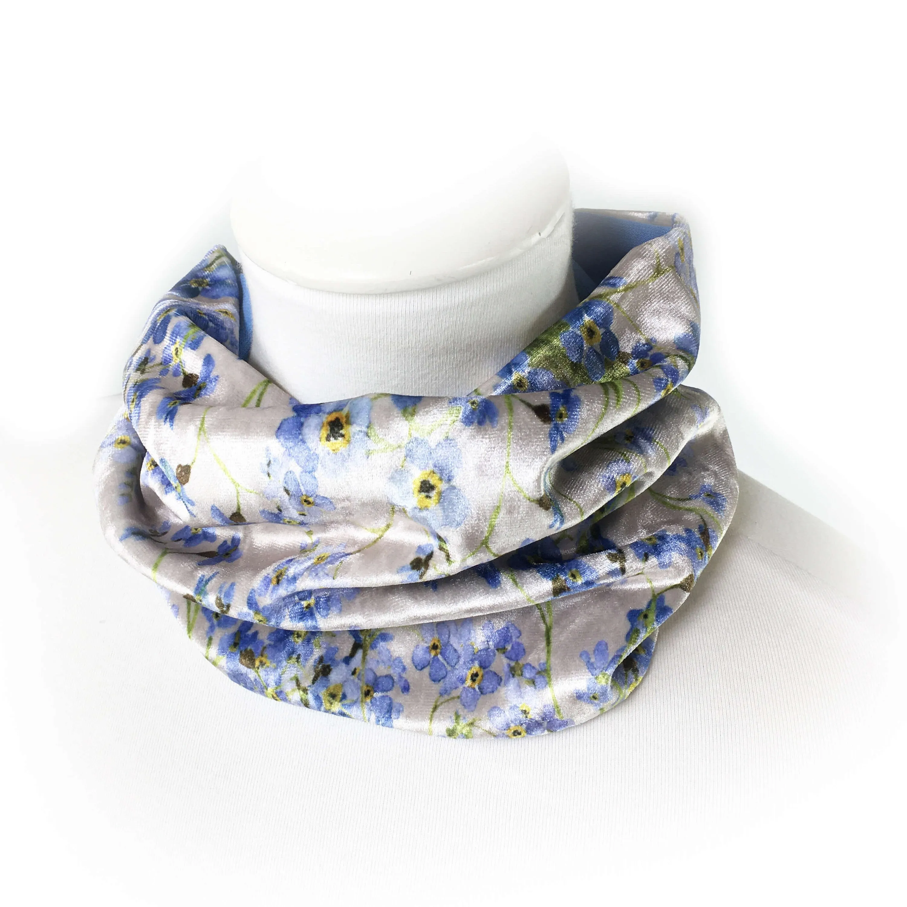Forget-Me-Nots,  Versatile Scarf, Headband, HatBand, Neck Warmer, Ladies Scarf, Velour Scarf, Designer Gaiter, Handpainted and printed