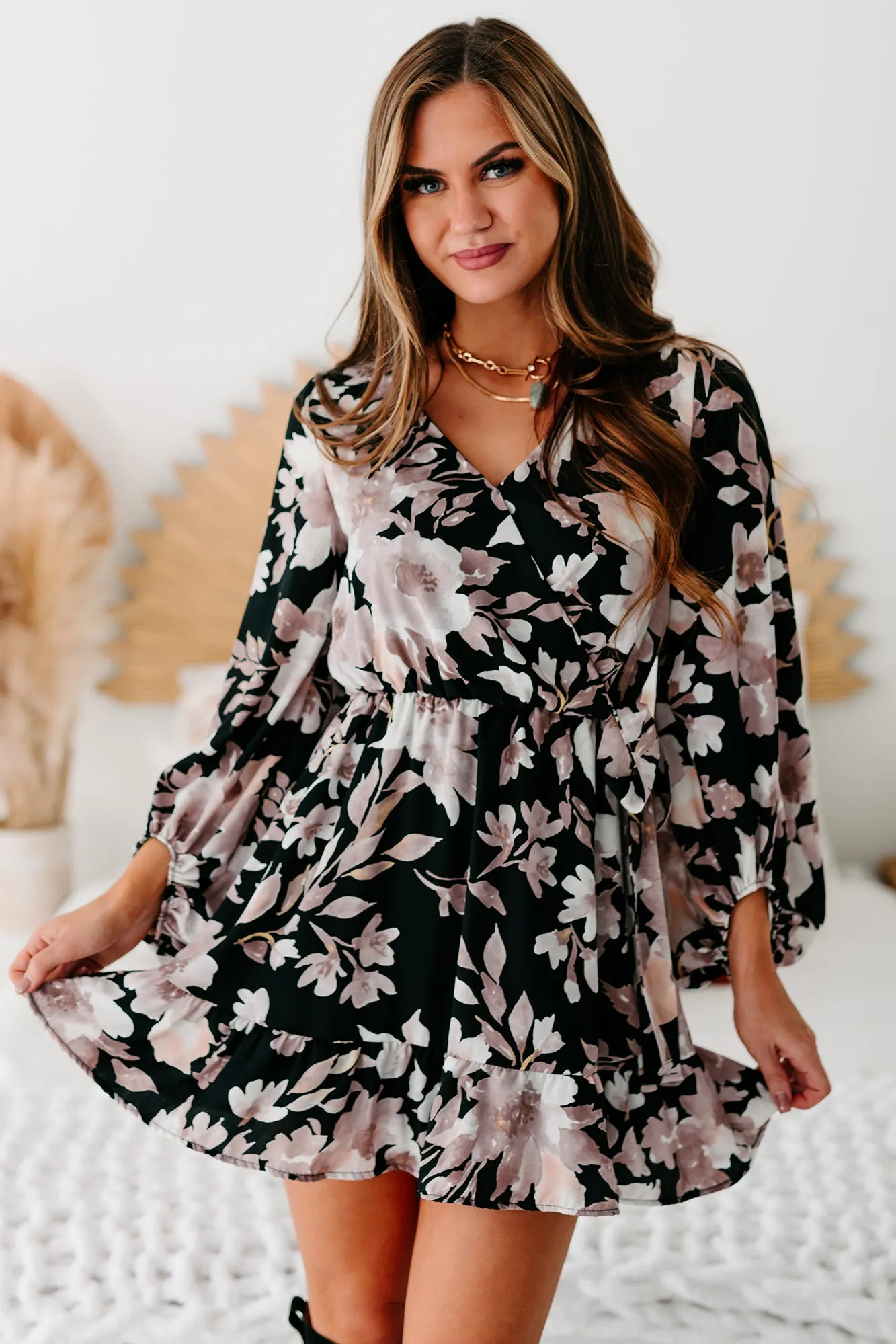From Gloom To Bloom Floral Faux Wrap Dress (Black/Taupe/Off White)