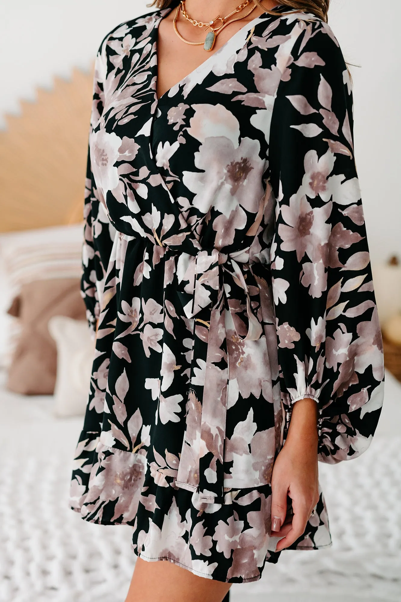 From Gloom To Bloom Floral Faux Wrap Dress (Black/Taupe/Off White)