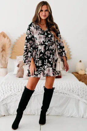 From Gloom To Bloom Floral Faux Wrap Dress (Black/Taupe/Off White)