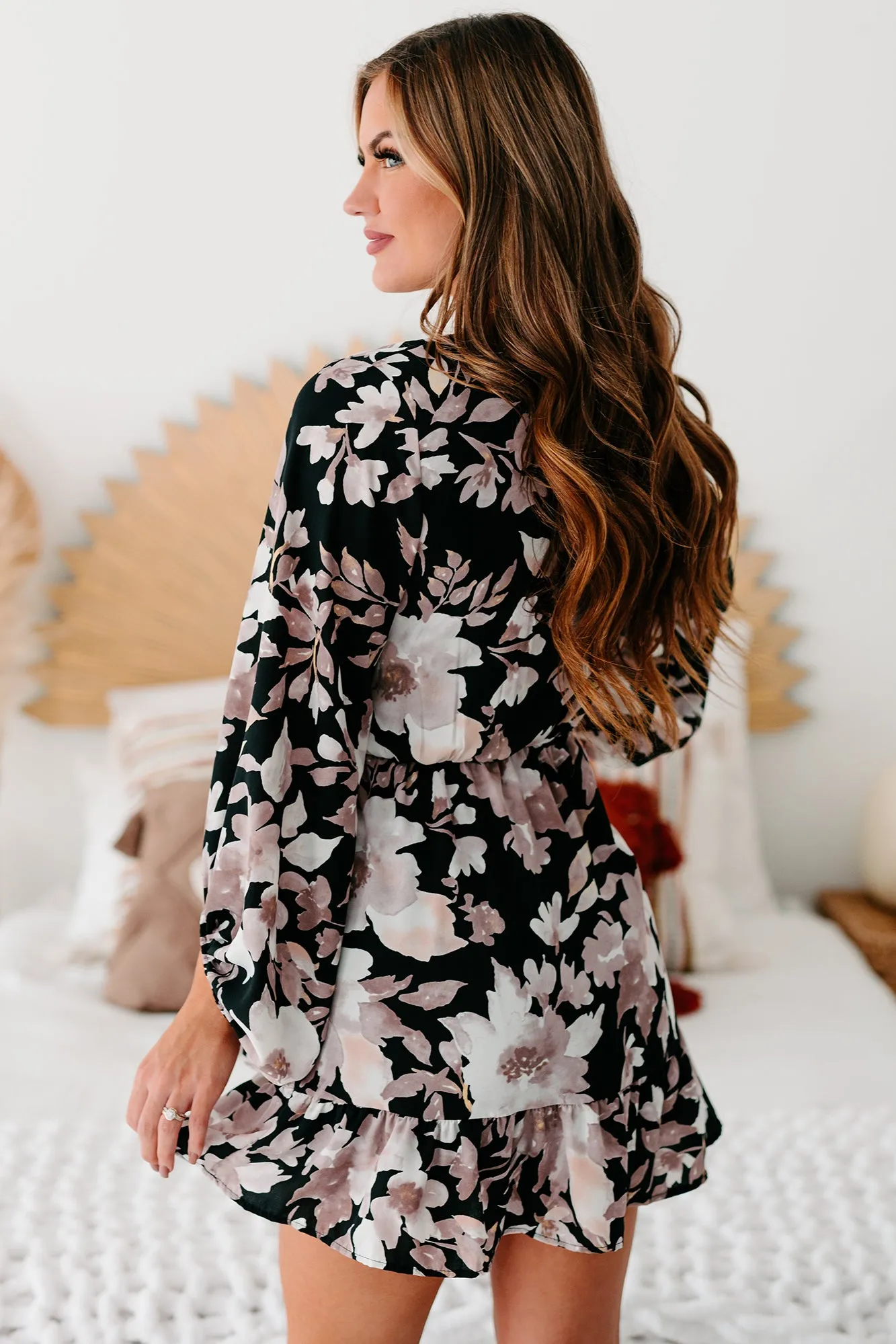From Gloom To Bloom Floral Faux Wrap Dress (Black/Taupe/Off White)
