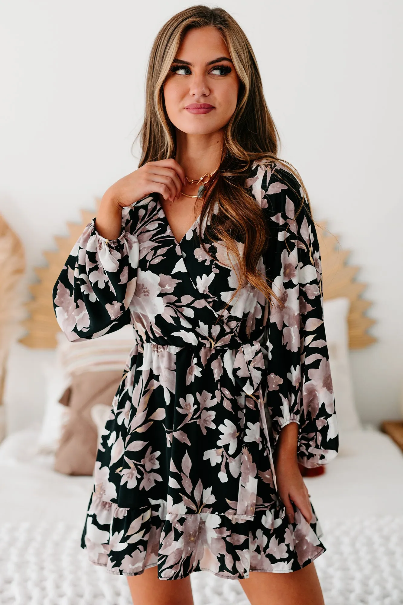 From Gloom To Bloom Floral Faux Wrap Dress (Black/Taupe/Off White)