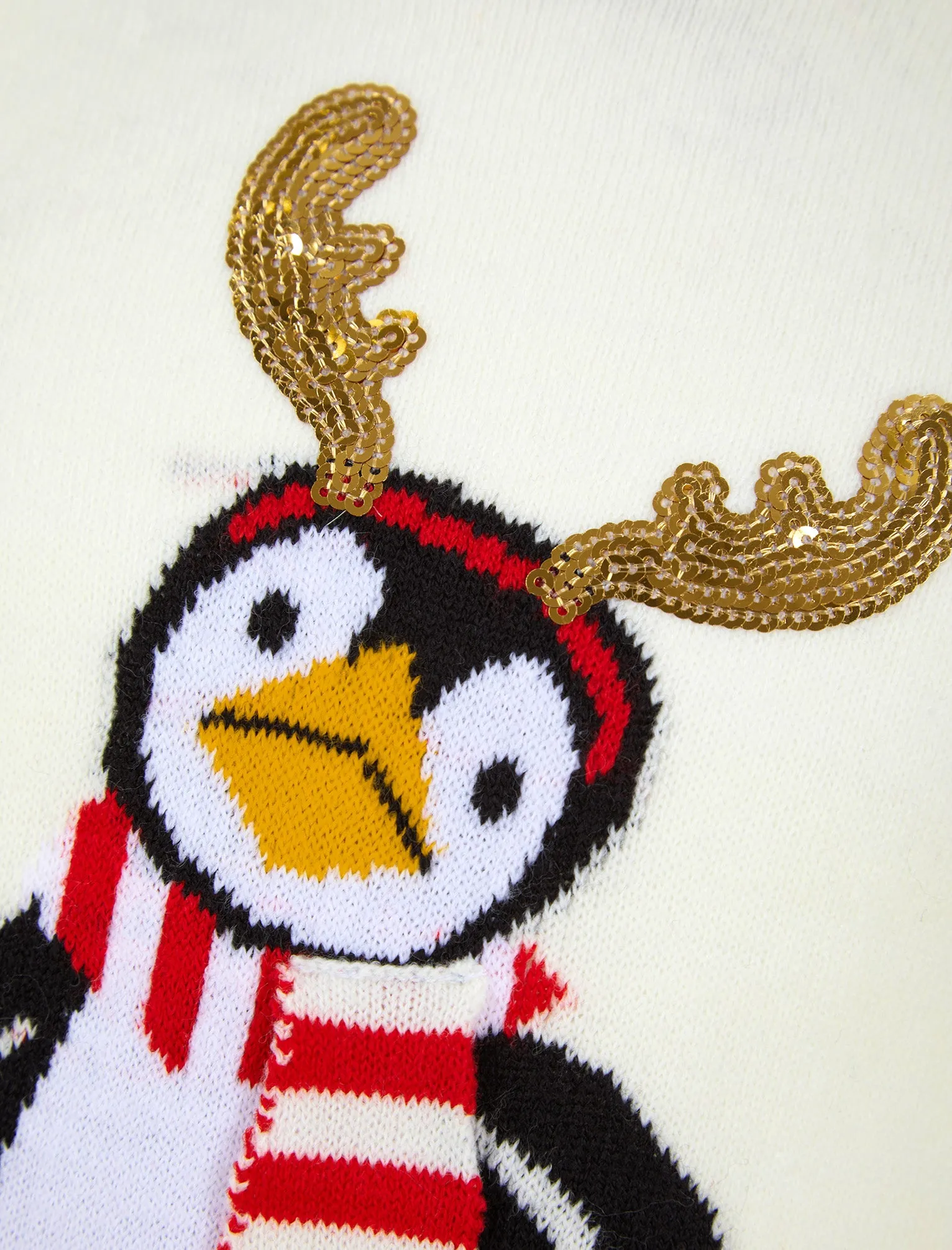 Girl's Antler Penguin Novelty Sequinned Christmas Jumper in Gardenia - Merry Christmas Kids (4-12yrs)