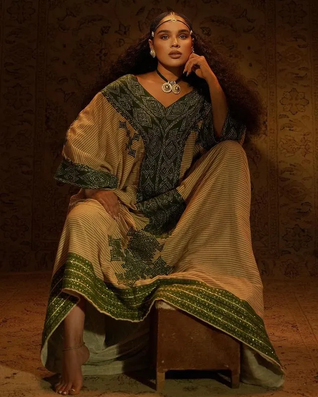 Gorgeous Raya Habesha Kemis With Dark Green Tilfe Traditional Raya Dress