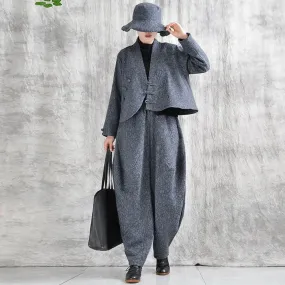 Gray Cotton Harem Pants Daily Short Jacket Suit for Women in Spring and Autumn