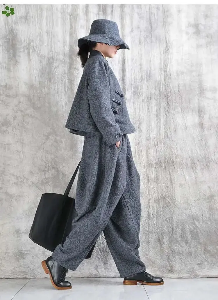 Gray Cotton Harem Pants Daily Short Jacket Suit for Women in Spring and Autumn