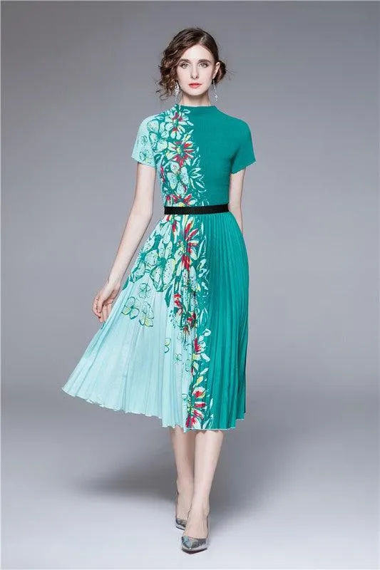 Green Two Tone Floral Pleated 2PC Set