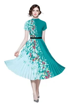Green Two Tone Floral Pleated 2PC Set