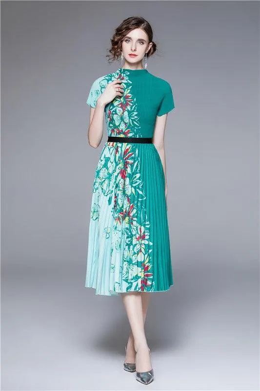 Green Two Tone Floral Pleated 2PC Set