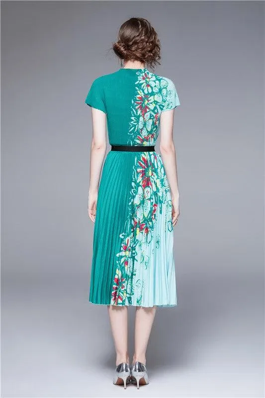 Green Two Tone Floral Pleated 2PC Set