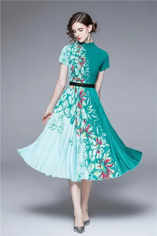 Green Two Tone Floral Pleated 2PC Set