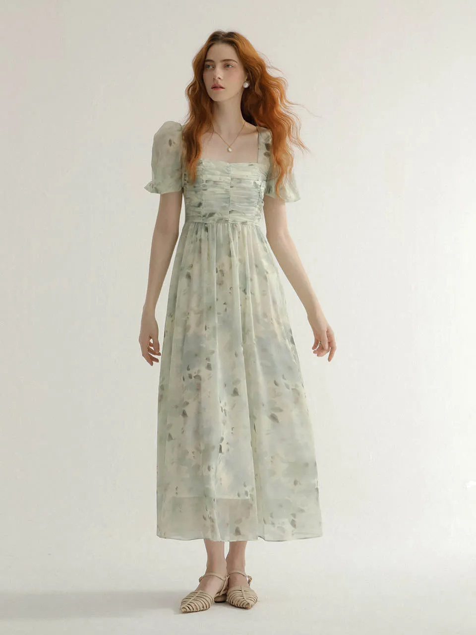 Greenery puff long dress