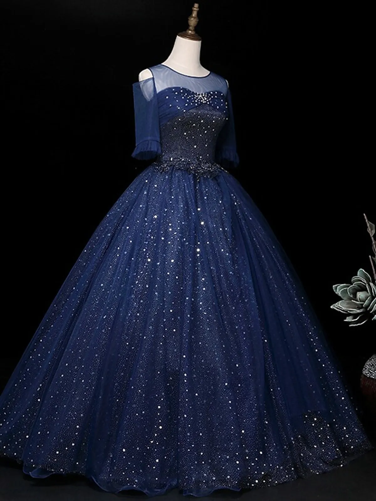 Half Sleeves Round Neck Navy Blue Beaded Long Prom Dresses, Shiny Beaded Navy Blue Formal Evening Dresses, Navy Blue Ball Gown