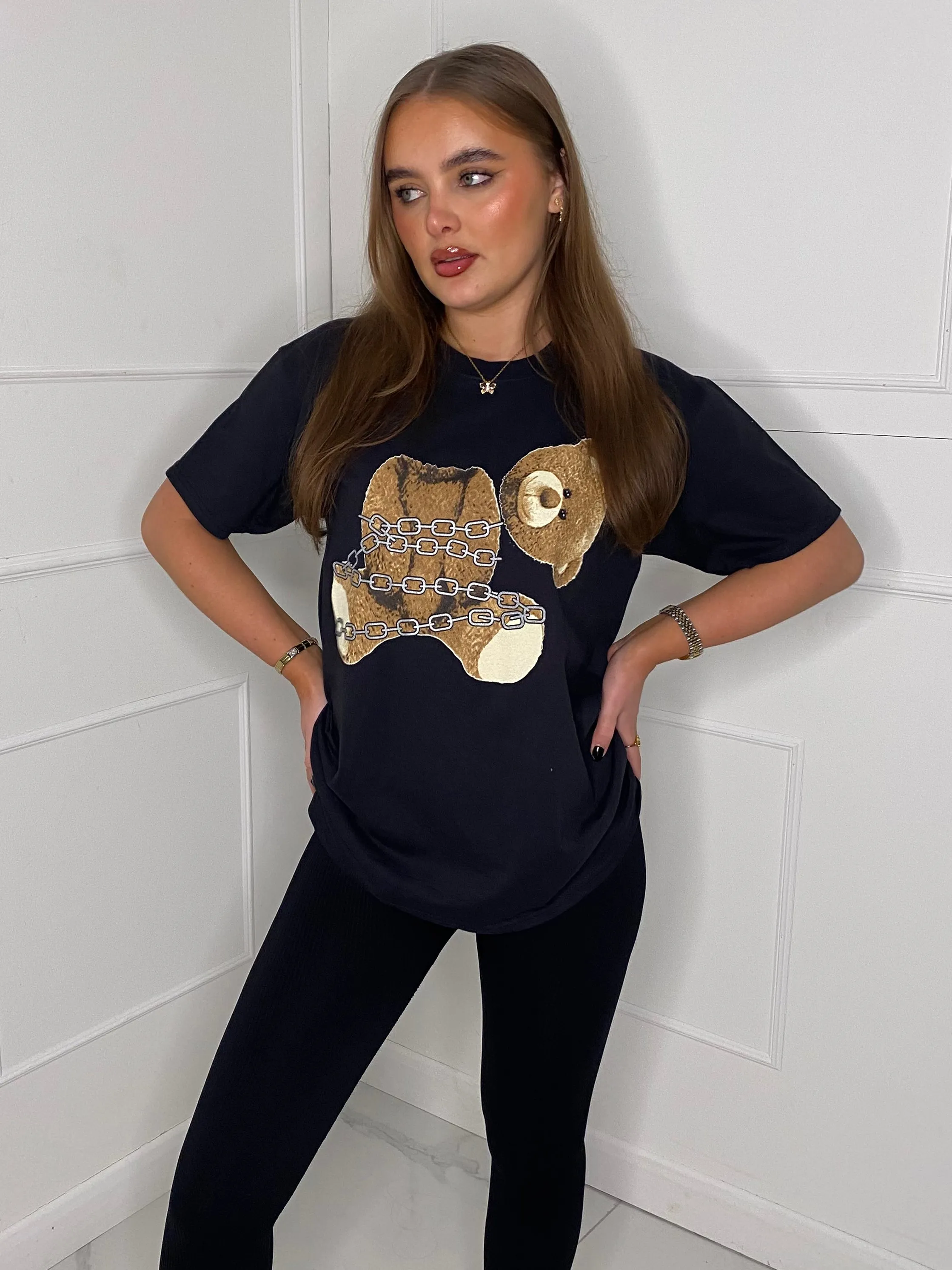 Headless Chain Teddy Print T-Shirt - Black