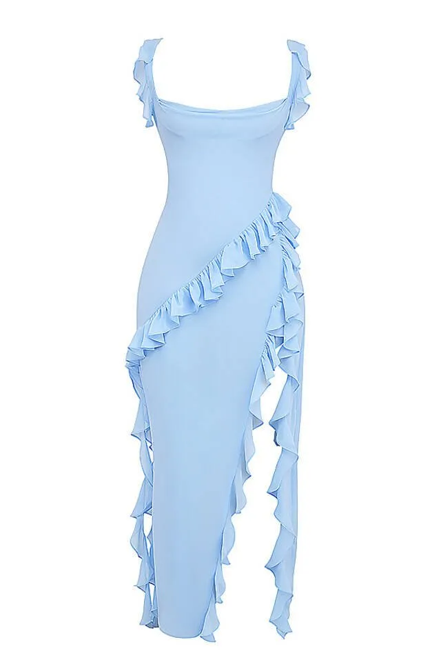 House of CB Ariela Ruffle Maxi Blue Dress