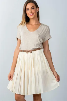 Ivory Pleated Belted Mini Skirt /2-5
