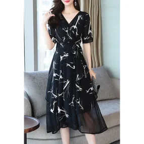 Ketty More Women Beautiful Star Printed V-Neck Summer Breathable Short Sleeve A-Line Dress-KMWDC5977