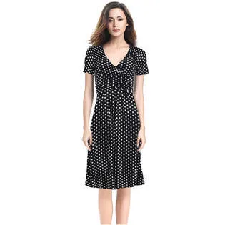 Ketty More Women Polka Dot Print Above Knee Slim V-Neck Dress-KMWD121