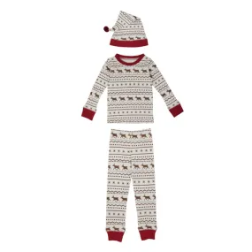 Kids' Organic Holiday PJ & Cap Set in Fair Isle Rudolph